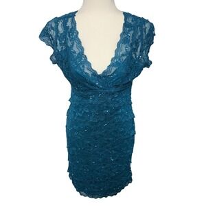 Eureka USA Blue Lace Sequin V-Neck Tiered Cocktail Dress Womens Medium‎ Fairy